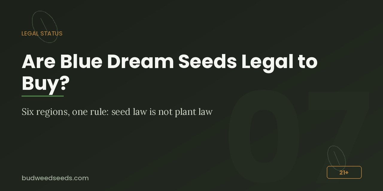 Legal status panel for Blue Dream seeds covering six regions where seed law is separate from plant law