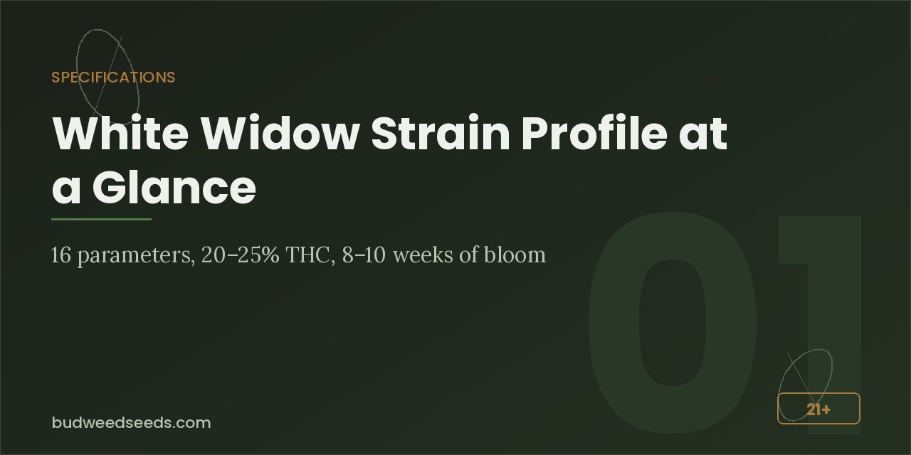 Specifications panel for White Widow listing sixteen parameters, 20–25% THC and 8–10 weeks of bloom